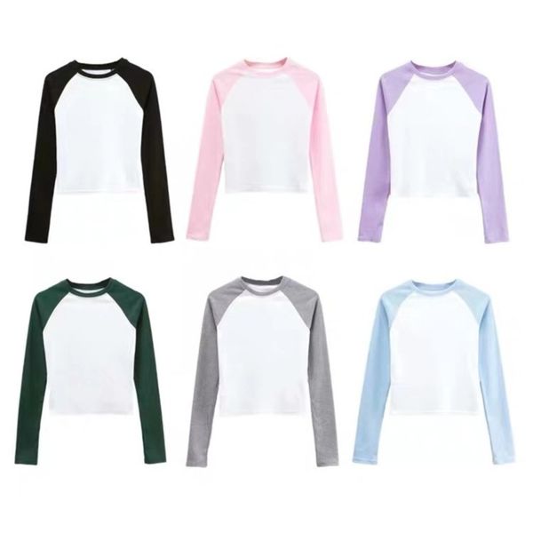

slim open wind fit short high waist navel round neck raglan tight t-shirt color matching long sleeve bottoming shirt for women, Black;gray