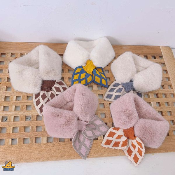 

check h6412 baby children's fishtail plush knitted cross scarf baby's neck, Red;brown