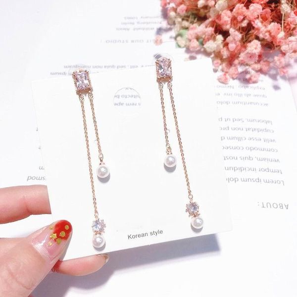 

dangle & chandelier mengjiqiao 2021 korean elegant square cubic zirconia ear line long pendientes party jewelry simulated pearl tassel earri, Silver