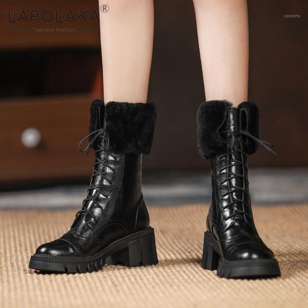 

lapolaka 2021 brand new skidproof cross tied boots woman shoes comfy genuine cow leather lady boot chunky heels ladies boot1, Black