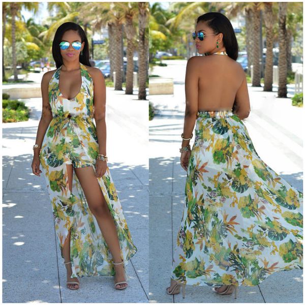 

women ladies summer floral printing sleeveless lightweight chiffon dress v-neck backless halter neck beach dresses, Black;gray