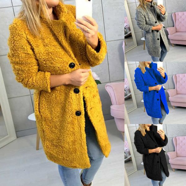 

heflashor women's plush coat autumn winter women button jacket casual warm turndown collar fur outwear mid-length woolen jackets, Black