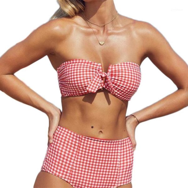 

ready to ship red plaid bikini high waist tie front1