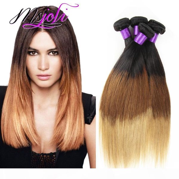 

9a brazilian virgin hair weave straight selling three tone human unprocessed hair extension weft ombre color four hair bundles t1b-4-27, Black