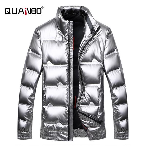 

quanbo silver shiny men's winter coat fashion stand collar warm thicken white duck down short white puffer jacket men parka, Black