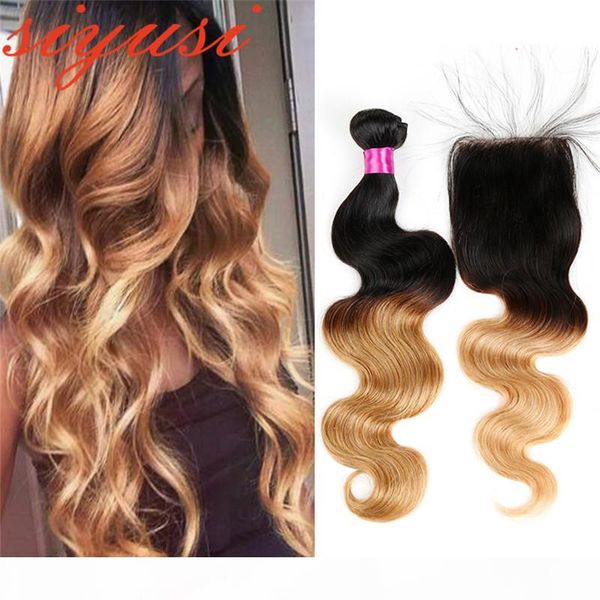 

indian body wave with lace closure t 1b 27 honey blonde ombre hair 3 4 bundles with closure pre-colored remy human hair weave, Black;brown