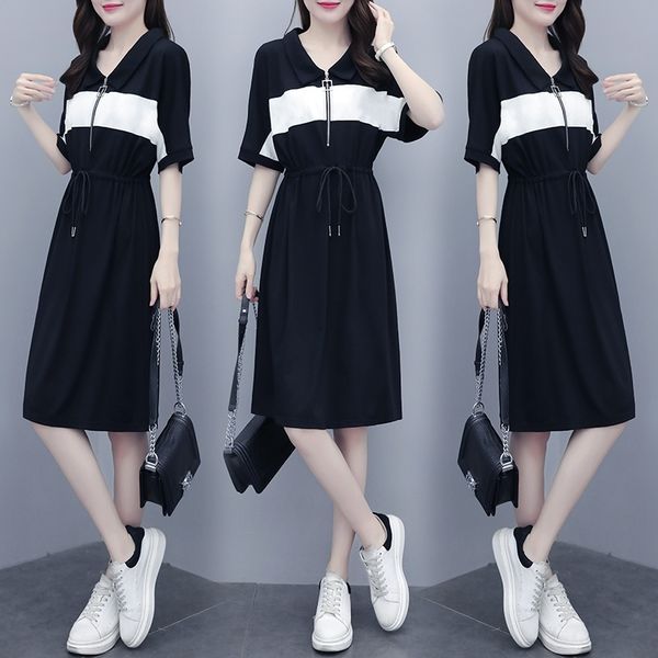 

uqifo 2020 летних новый v-образный вырез цвета контрастного вскользь платье темперамент похудения талии платья de4ds женщин размера больших, Black;gray