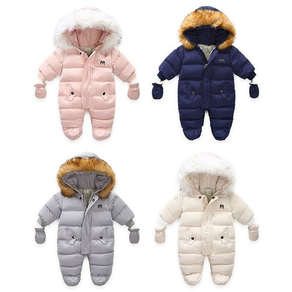 

infant baby jumpsuit thick warm hooded inside fleece boy girl winter autumn overalls children outerwear kids snowsuit lj201007, Blue;gray