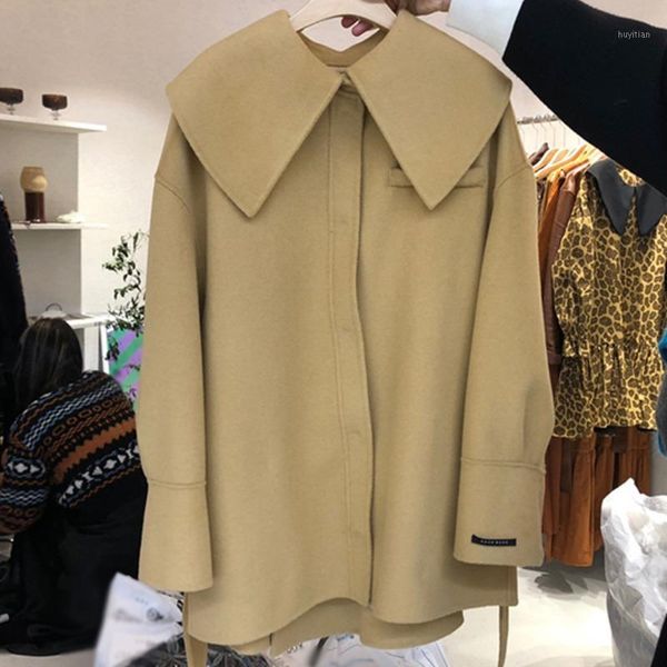 

ewq] 2020 winter female fashion casual turn down collar long-sleeved minimalist solid color lace up woolen overcoat 8q2351, Black