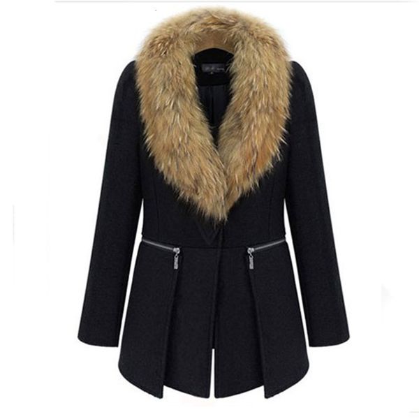 

fashion women's spring woolen animal fur large size warm wool coat loose thick long jacket cr3871, Black