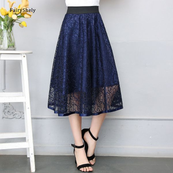 

fairyshely 2020 fashion lace princess skirt women spring summer elastic band high waist hollowed skirt solid voile casual skirt q1219, Black
