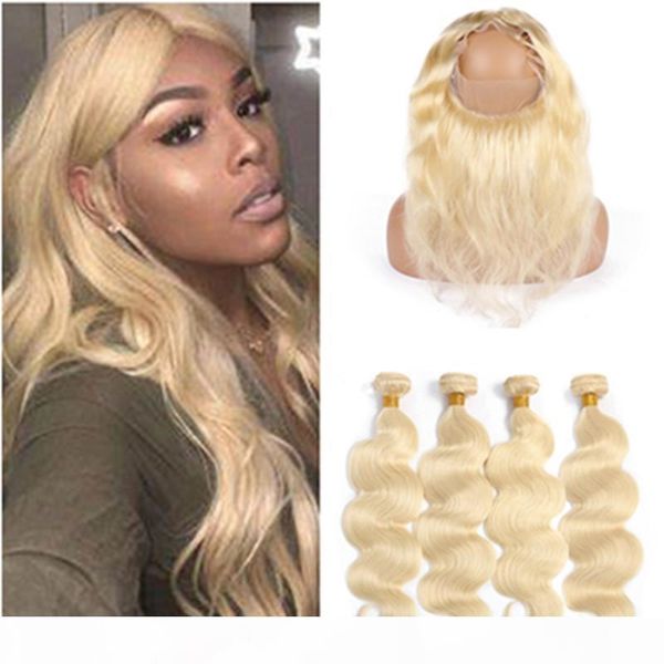 

#613 blonde wavy human hair 360 lace frontal with bundles body wave brazilian blonde virgin hair weaves with 360 closure 22.5x4x2, Black;brown