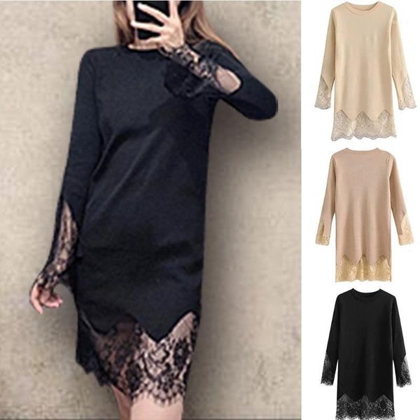 

women solid dress fashion o-neck lace stitching pullover knit sweater dress holiday evening party ladies midi dresses1, Black;gray