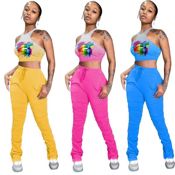 

tie dyed lipstick print two accessories women's casual wear summer high grade shorts stacked pants casual pants matching set, Blue;black