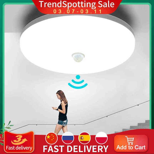 Lâmpada de teto LED PIR Sensor de movimento 220V 110V 9W 13W 18W 24W 36W Luzes de teto brancas brancas brancas e frias para os corredores de haintes W220307