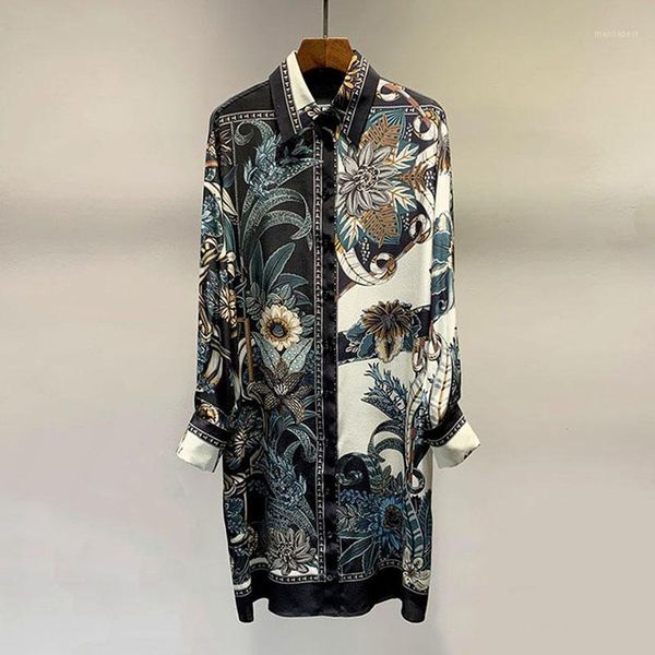 

twill silk shirt dress 2020 spring new luxury runway fashion long sleeve leaf print designer dresses1, Black;gray
