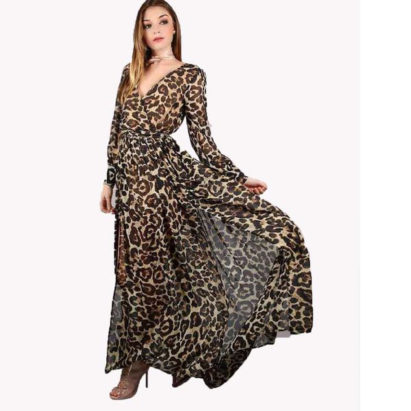 

women's 2020 new v-neck leopard print swing long sleeve belt dress, Black;gray