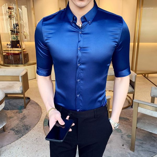 

royal blue dress shirts wedding party dress elegant mens shirts satin mens half sleeve poplin clothing 20201, White;black