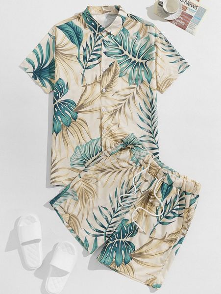

men tropical print button front shirt & shorts f9yq#, Gray