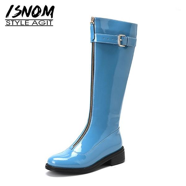 

boots isnom arrival women knee front zipper chunky heels shoes genuine leather patent ladies boot knight big size 33-451, Black
