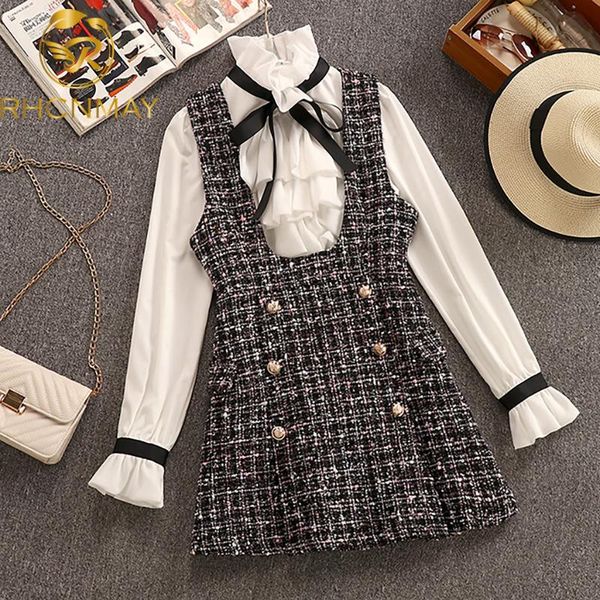 

2020 spring autumn 2 piece set overalls dress women elegant ruffles chiffon bow shirt double breasted plaid tweed vest dress, White