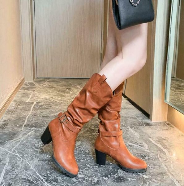 

boots womens vintage pu leather pleated block heel pull on mid calf riding, Black