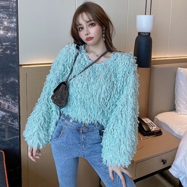 

2020 autumn new thin loose wool round neck korean bubble long sleeve foreign style t-shirt for women