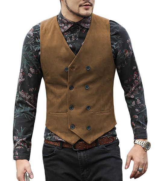 

2020newmen'svestsuedesuitvestcasualdouble-breastedv-neckwaistcoatclassic/vintage/denimjacketgroomsmenbrown, Black;white