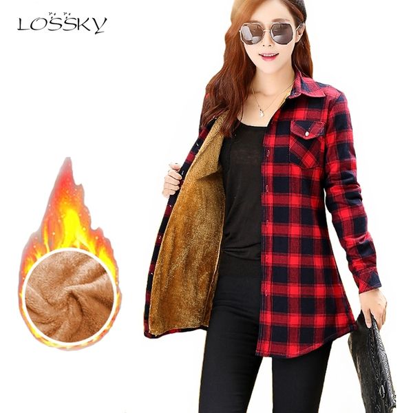 

lossky winter velvet blouse thick keep warm cotton shirts women long sleeve red plaid shirt fashion blouse casual work y200402, White