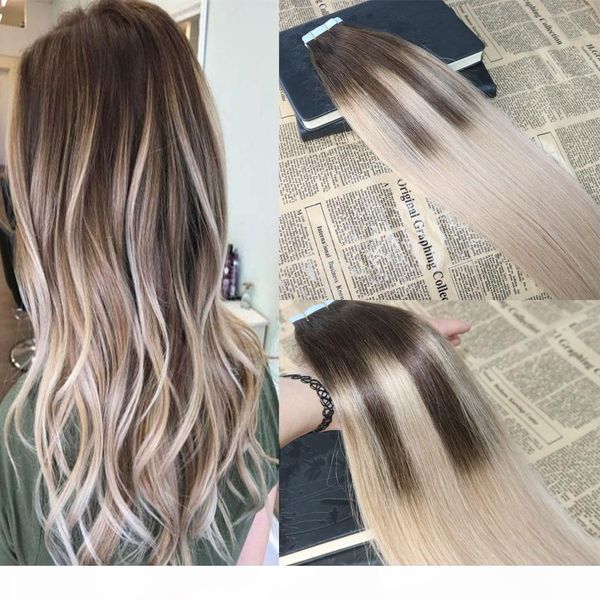 

omber tape in hair extensions #4 fading to #18 dip dyed glue in remy human hair extensions balayage tape on extensions 40pcs 100g, Black