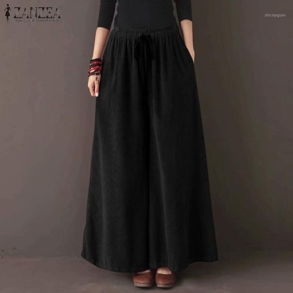 

retro corduroy pants women's wide leg trousers zanzea 2021 casual drawstring pantalon palazzo female solid turnip plus size1, Black;white