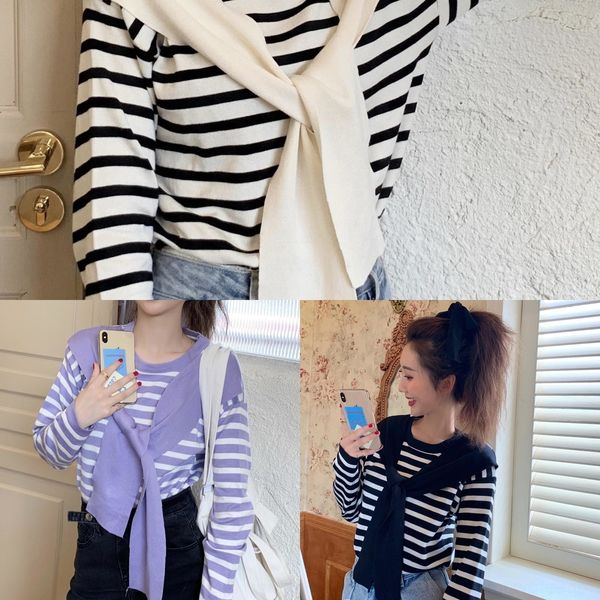 

mz8y4 autumn 2020 shawl korean version q9w design feeling stripe short sleeve t-shirt women fake two piece new t-shirt shawlshawl shawlcover, White;black