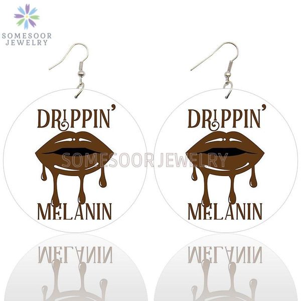 

SOMESOOR Drippin Melanin Lips Design African Wooden Drop Earrings Both Sides Printed Black Artistic Loops Jewelry For Women Gift, Silver