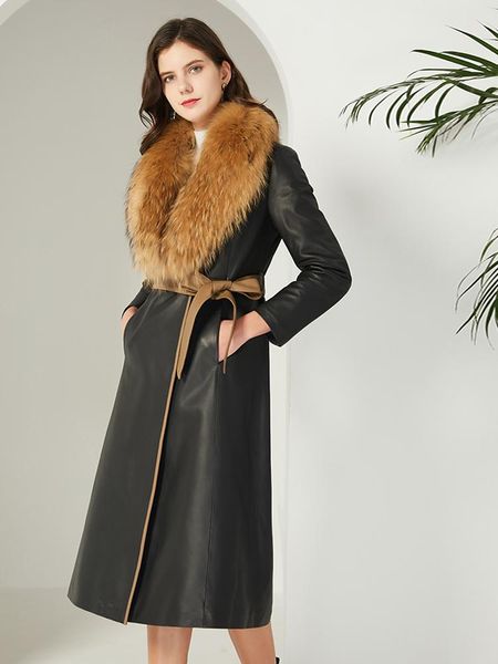 

sheep leather women's jacket with raccoon fur collar and velvet leather jacket women fur story fs20214, Black