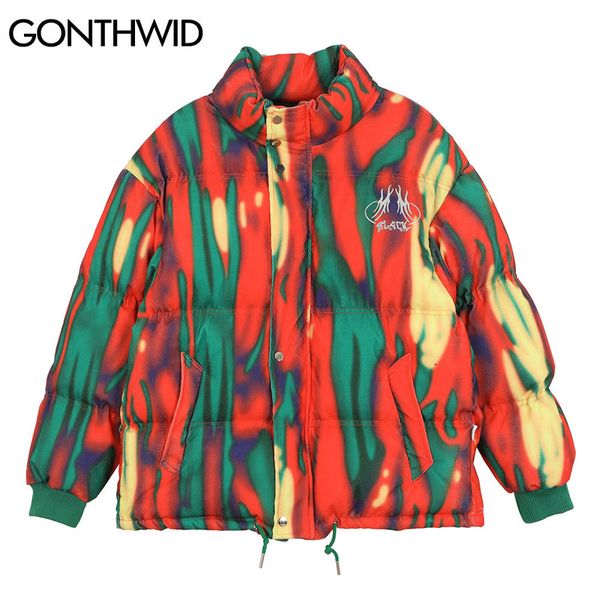 

thick warm cotton padded parkas jackets streetwear hip hop tie dye stripe full zip coats harajuku fashion outwear, Black