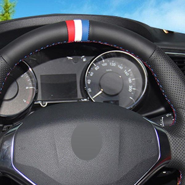 

new pattern black genuine leather diy hand-stitched car steering wheel cover for peugeot 3008 2013-2015