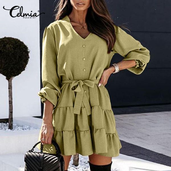 

celmia elegant v-образным вырезом. платье платье женщины вечеринка 2020 осень высокая талия повседневная сплошные дамы сексуальные министерс, Black;gray