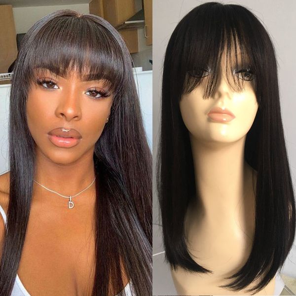 

straight lace front wigs with bangs 180% density prruque cheveux naturels humains femme closure lace front human hair wigs, Black;brown