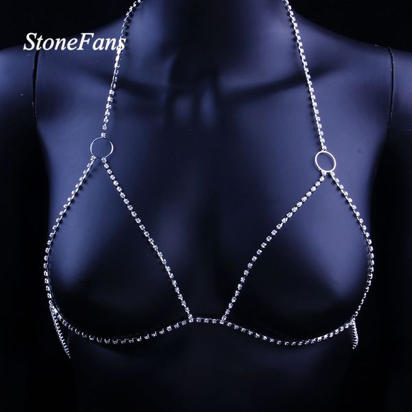 

shiny crystal rhinestone bra chain harness jewelry for women hollow choker necklace body harness chain bikini top, Silver
