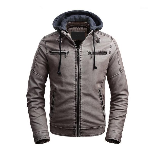 

isurvivor2020 plus velvet stand collar leather jacket men's casual pu leather clothes washed hooded jacket1, Black;brown