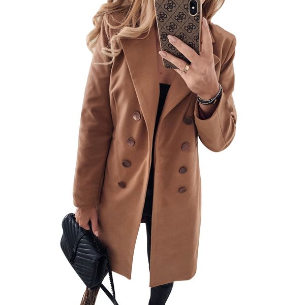 

women casual button overcoat ladies winter lapel wool coat jacket elegant solid colour long outwear manteau femme d30 q1219, Black