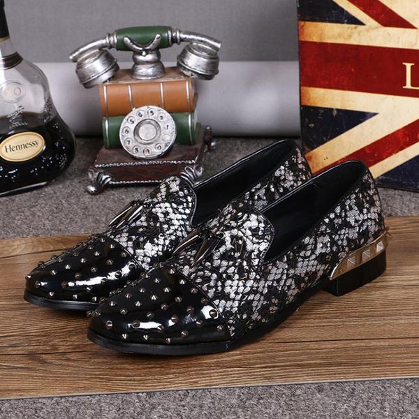 

christia bella new british style plus size men's real leather flats shoes silvery metal rivet printing male party loafers shoes, Black