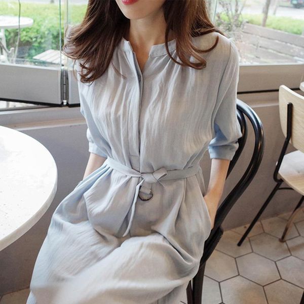 

casual loose dresses woman korean style elegant spring autumn o-neck a-line solid knee-length female dresses with sash1, Black;gray