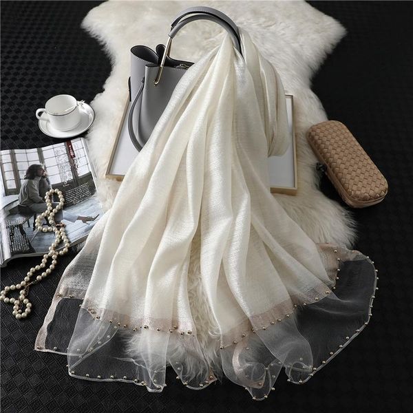 

2020 summer women silk scarf fashion long size shawls lady wraps designer pashmina beach stoles pearl foulard female organza wmtxqk, Blue;gray