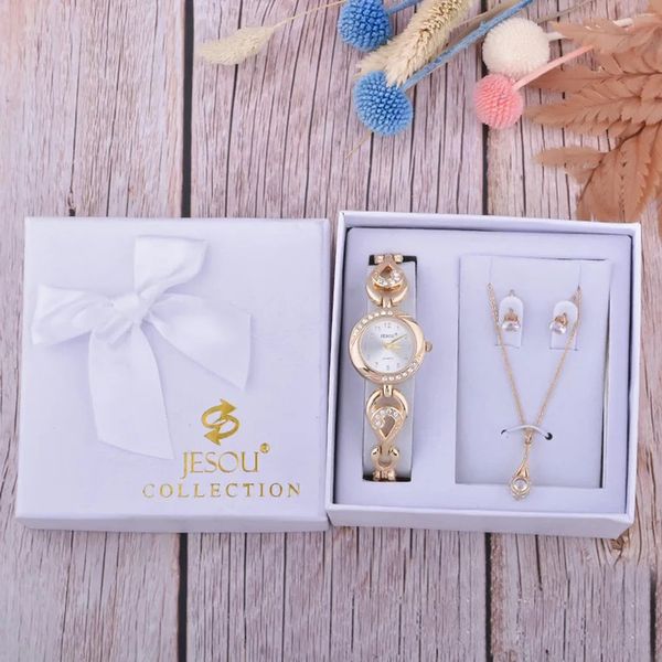 

woman watch 3pcs set women bracelet watches casual ladies dress wristwatch earrings necklace suit female quartz clock gifts box 201118, Slivery;brown