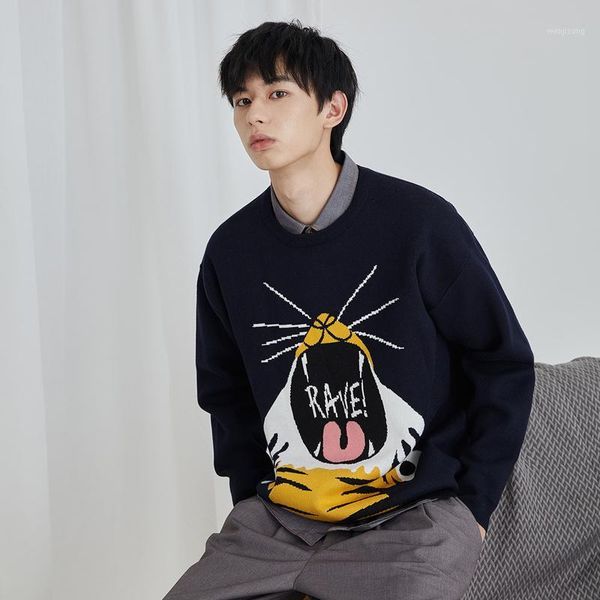 

fashion casual long-sleeved slim fitness autumn new couple tide cartoon tiger pattern jacquard crew neck men sweater1, White;black