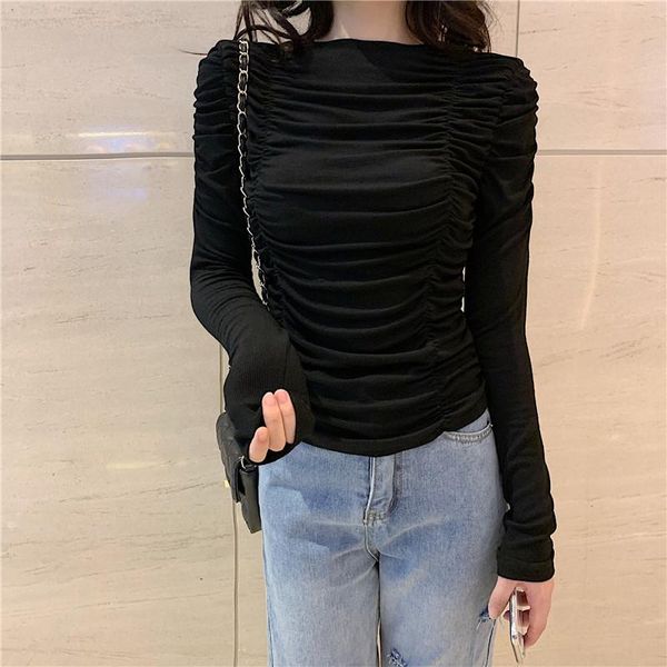 

solid color autumn female t-shirt short design long puff sleeve stretched cotton shirts young lady slim and tees wholesale, White