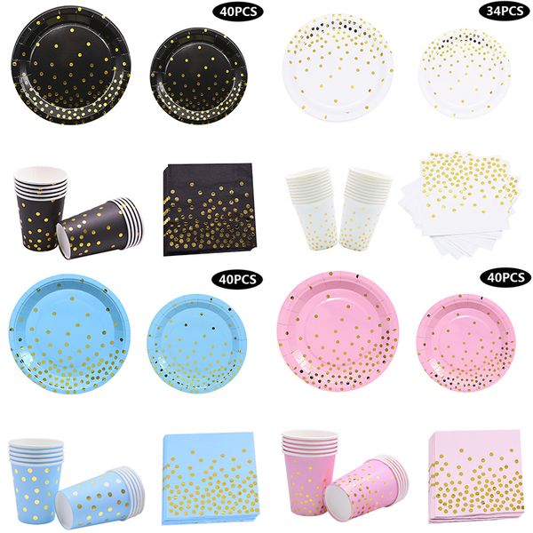 

40pcs dots stamping disposable tableware set plates napkins cups kids happy birthday party decor baby shower wedding