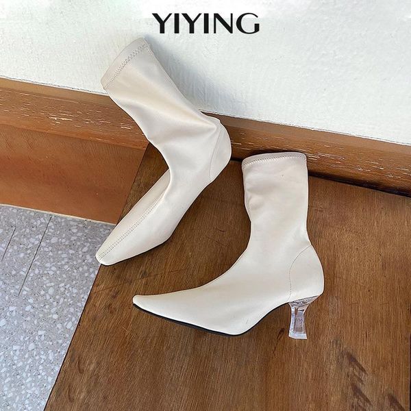 

new women boots transparent thin high heels ladies booties fashion sock pointed toe female shoes dress woman ankle boots, Black