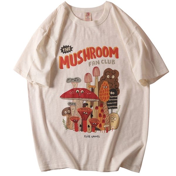 

cotton material retro apricot mushroom cute t shirts o-neck casual summer plus size woman tshirts fashion streetwear clothes 220307, White